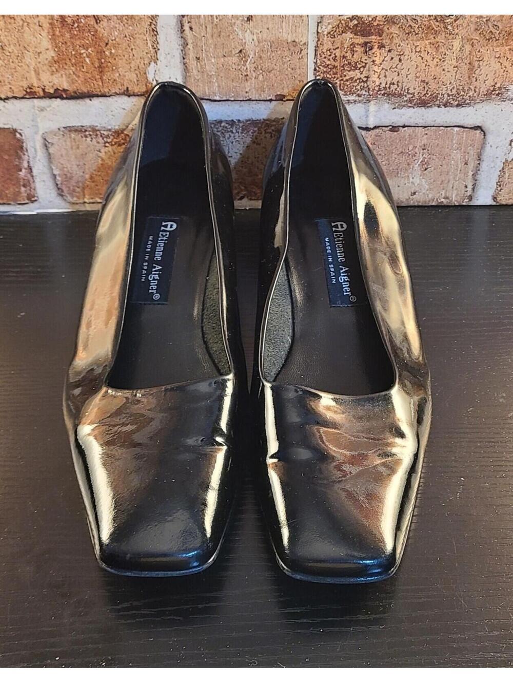 Etienne Aigner Twiggy Patent All Leather Pump Shoe Womens Sz 10 Black Block Heel